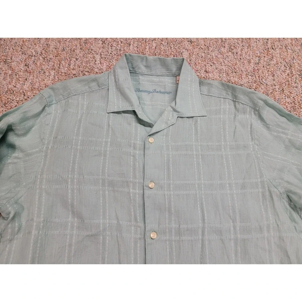 Tommy Bahama Shirt Mens Large Blue Linen Button Up Hawaiian Aloha Camp‎ Tropical